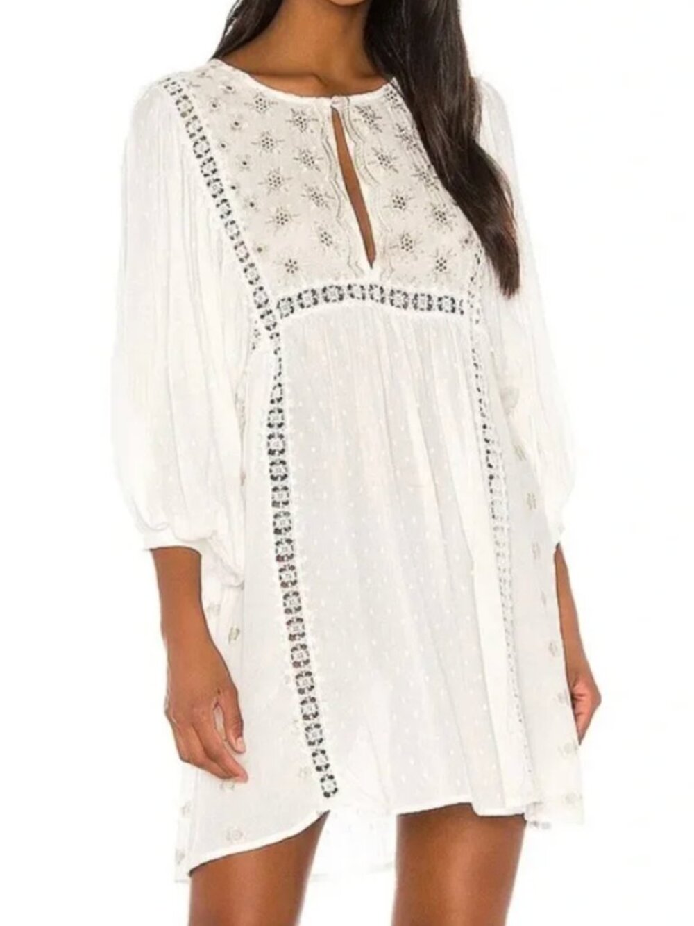 Free People Charlotte Dress M Ivory Gold Embroidered Boho Babydoll Tunic